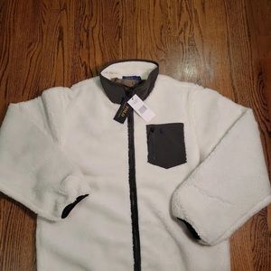 RALPH LAUREN POLO WHITE SHERPA JACKET WITH DARK OLIVE GREEN TRIM… SIZE LARGE NWT